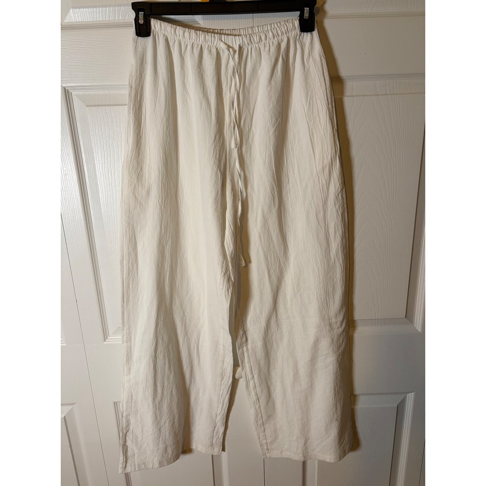 Temofon Womens White Cotton Linen Blend Wide Leg Drawstring Waist Pants Size M